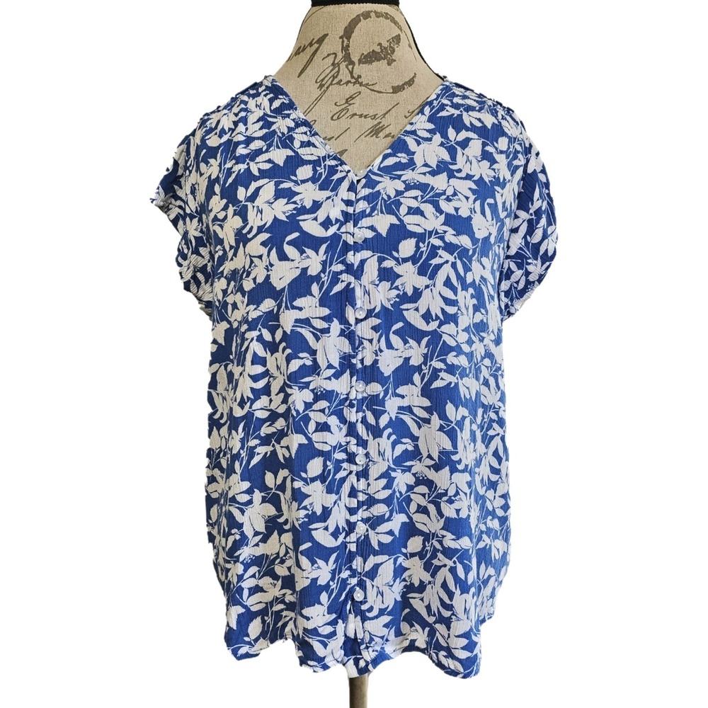 Liz Claiborne Blue Floral Button Front Cap Sleeve Shirt Size XXL Beach Resort - Picture 1 of 5